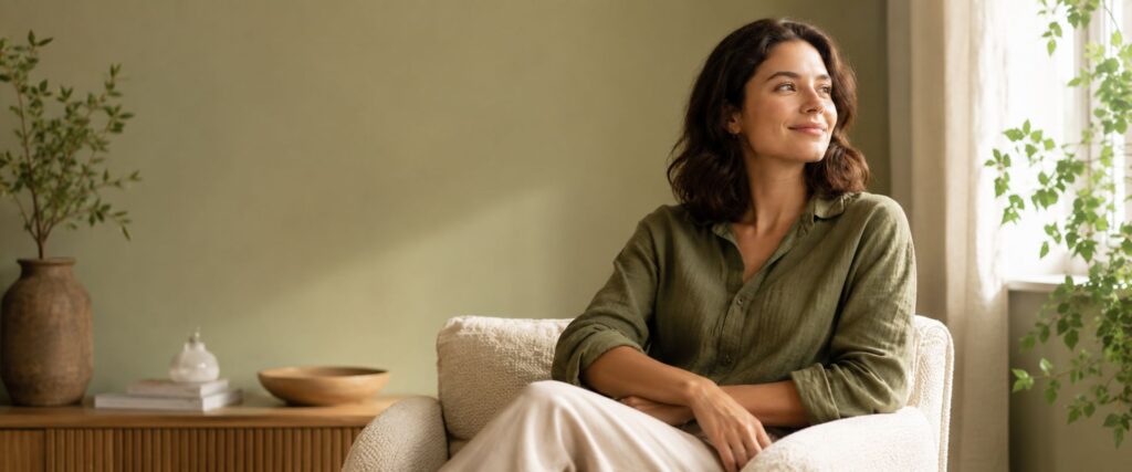 Woman sitting calmly in a softly lit room with olive green decor, looking toward a window with a peaceful expression after ocd therapy in Pikesville, MD